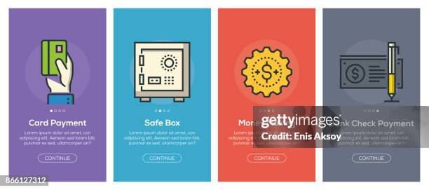 onboarding app screens and flat line banking and finance web icons for mobile apps - screen partition stock illustrations