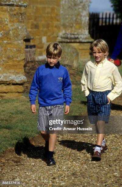 Prince William and his cousin Alexander Fellowes attend the rehearsal for the wedding of Charles, Viscount Althorp on November 30, 1987 in Great...