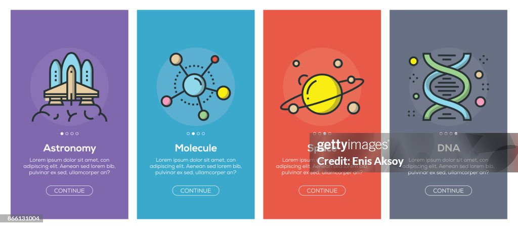 Onboarding app screens and flat line science web icons for mobile apps