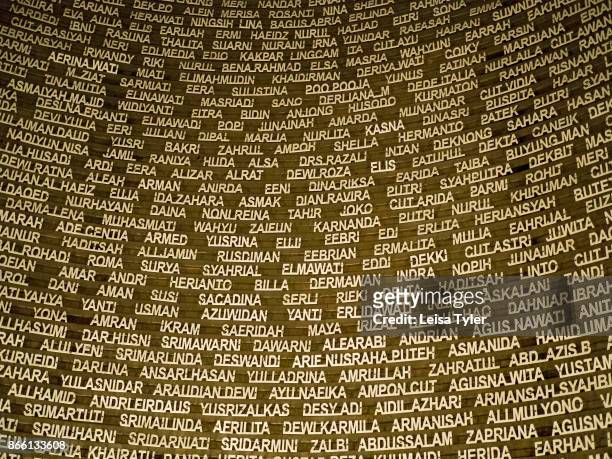 Names of the 168,000 people who died in the 2004 Boxing Day tsunami at the Aceh Tsunami Museum in Banda Aceh, northern Sumatra, Indonesia. The museum...