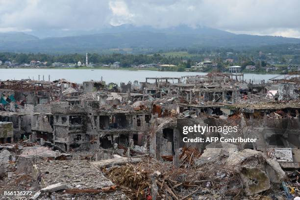 General view of bombed-out buildings and homes are seen in what was the main battle area in Marawi on the southern island of Mindanao on October 25...