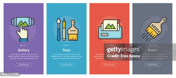 onboarding-app-bildschirme und flache linie bilder web-icons für mobile apps - galerie stock-grafiken, -clipart, -cartoons und -symbole