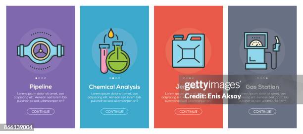 onboarding app screens and flat line oil industry web icons for mobile apps - onboarding infographic stock illustrations