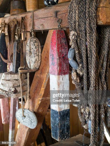 Fishing equipment inside Everts Sjöbods, a 19th century boathouse in Grebbestad, West Sweden which is used to run a small travel business offering...