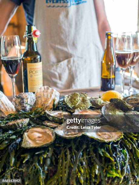 Swedish oyster tasting at Everts Sjöbods, a small travel business offering boat safaris,meals and accommodation out of a 19th century boathouse in...