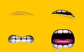 Mouth of character on a yellow background. Mimicry face of a cartoon little man. 3d render.