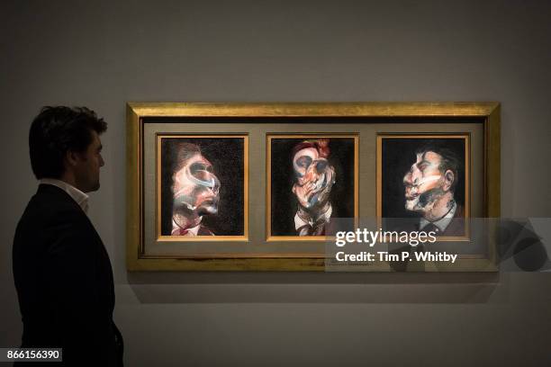 Francis Bacon's Three Studies Of George Dyer, 1966 is unveiled at Sotheby's on October 25, 2017 in London, United Kingdom. Unseen to the public for...
