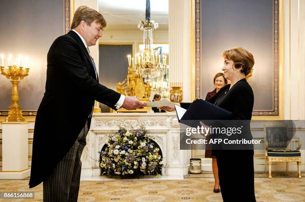 King Willem-Alexander of the Netherlands receives credentials from the Ambassador of The Republic of Guatemala Gladys Martha Ruiz during a ceremony...