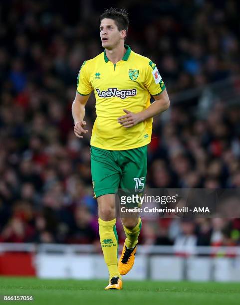 Timm Klose of Norwich City during the Carabao Cup Fourth Round match between Arsenal and Norwich City at Emirates Stadium on October 24, 2017 in...