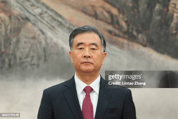 Wang Yang attends the greets the media at the Great Hall of the People on October 25, 2017 in Beijing, China. China's ruling Communist Party today...