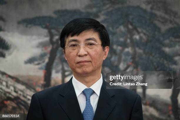 Wang Huning attends the greets the media at the Great Hall of the People on October 25, 2017 in Beijing, China. China's ruling Communist Party today...