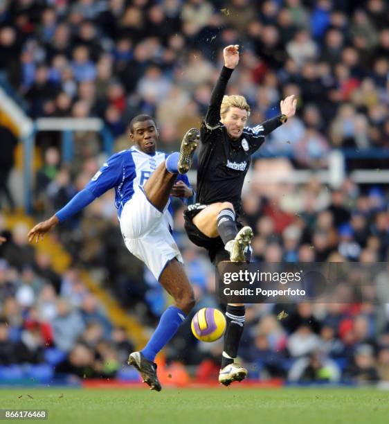 Fabrice Muamba of Birmingham City and Robbie Savage of Derby County in action during the Barclays Premier League match at St Andrews on August 18,...