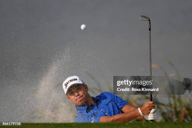 Hideki Matsuyama of Japan plays a shot from a bunker on the 14th hole during the pro-am prior to the WGC - HSBC Champions at Sheshan International...