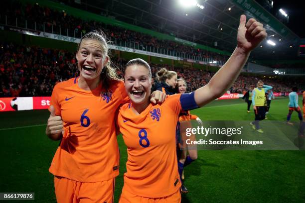 Anouk Dekker of Holland Women, Sherida Spitse of Holland Women celebrate the victory during the World Cup Qualifier Women match between Holland v...
