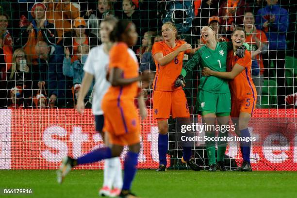 Sari van Veenendaal of Holland Women, celebtates after saving a penalty with Anouk Dekker of Holland Women, Dominique Janssen of Holland Women during...