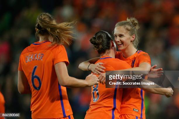Anouk Dekker of Holland Women, Sherida Spitse of Holland Women, Vivianne Miedema of Holland Women celebrates 1-0 during the World Cup Qualifier Women...