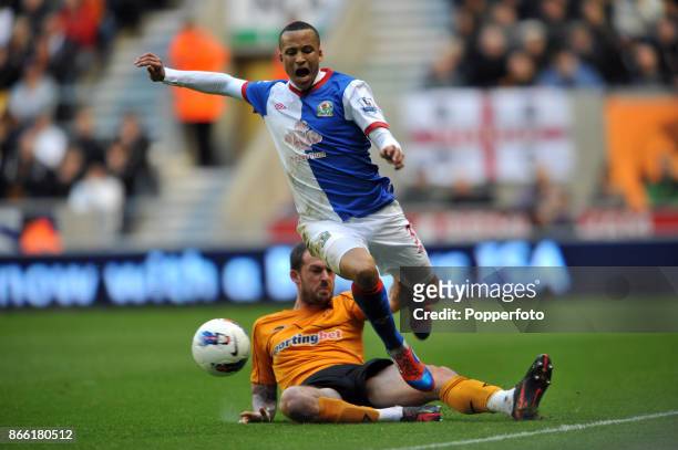 Martin Olsson of Blackburn Rovers and Stephen Fletcher of Wolverhampton Wanderers in action during a Barclays Premier League match at Molineux on...