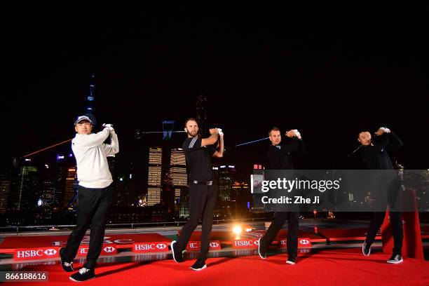 Hideki Matsuyama of Japan, Dustin Johnson of the United States, Henrik Stenson of Sweden and Haotong Li of China pose during a tournament launch...