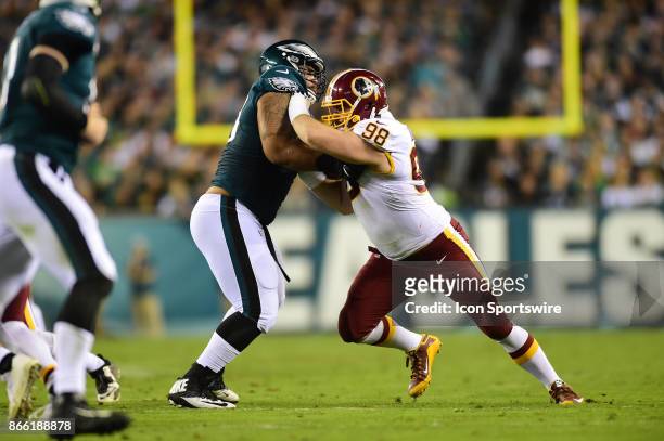 Philadelphia Eagles offensive guard Brandon Brooks and Washington Redskins defensive tackle Matthew Ioannidis battle for position during a NFL...