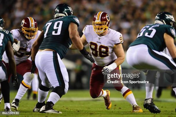 Washington Redskins defensive tackle Matthew Ioannidis and Philadelphia Eagles offensive guard Brandon Brooks fight for position during a NFL...