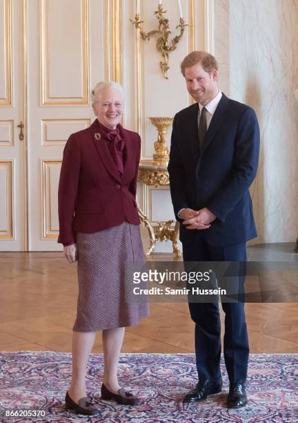 Prince Harry meets with Queen Margrethe II at Amalienborg Palace on October 25, 2017 in Copenhagen, Denmark.