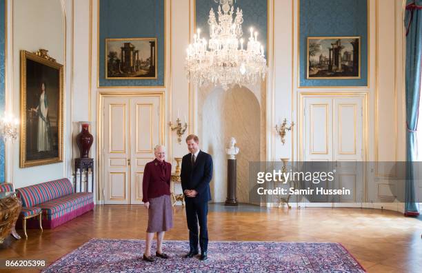Prince Harry meets with Queen Margrethe II at Amalienborg Palace on October 25, 2017 in Copenhagen, Denmark.