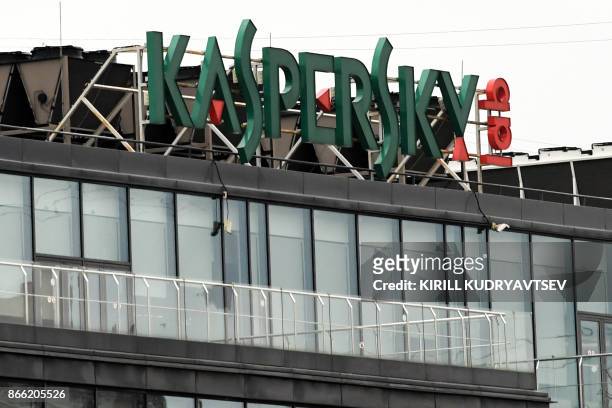 The logo of Kaspersky Lab, Russia's leading antivirus software development company, is seen on the roof of its headquarters in Moscow on October 25,...