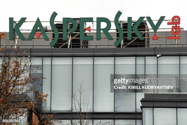 The logo of Kaspersky Lab, Russia's leading antivirus software development company, is seen on the roof of its headquarters in Moscow on October 25,...