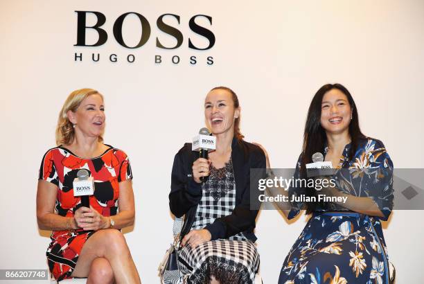 Legend Ambassador Chris Evert of the United States, Martina Hingis of Switzerland and Chan Yung-Jan of Chinese Taipei visit a Hugo Boss store during...