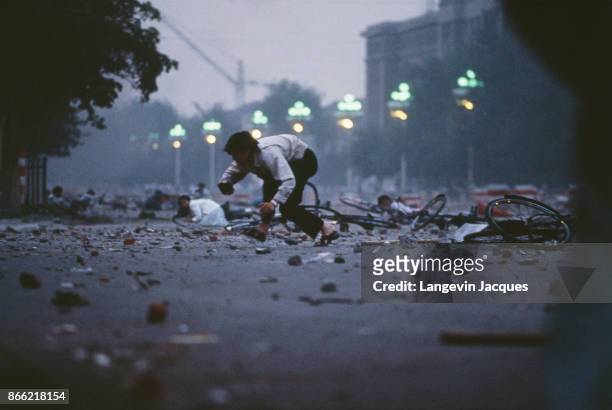 Student protestors in Beijing, China, 4th June 1989. The protest movement of students that started seven weeks ago in Tiananmen Square ended in a...