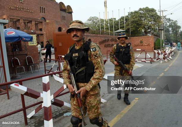 Pakistani soldiers patrol outside the Gaddafi Cricket Stadium, where the last T20 cricket match is scheduled between Pakistan and Sri Lanka, in...