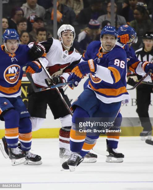 Nikolay Kulemin of the New York Islanders skates against the Arizona Coyotes at the Barclays Center on October 24, 2017 in the Brooklyn borough of...