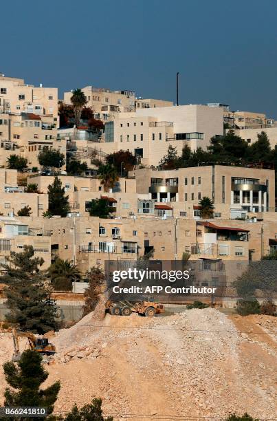 Picture taken on October 25, 2017 shows a general view of construction work in Ramat Shlomo, a Jewish settlement in the mainly Palestinian eastern...