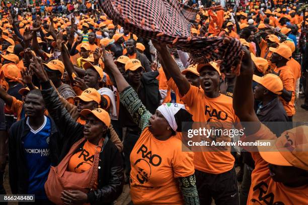 Opposition supporters rally for presidential candidate Raila Odinga in Uhuru Park on October 25, 2017 in Nairobi, Kenya. Tensions are high as Kenyans...