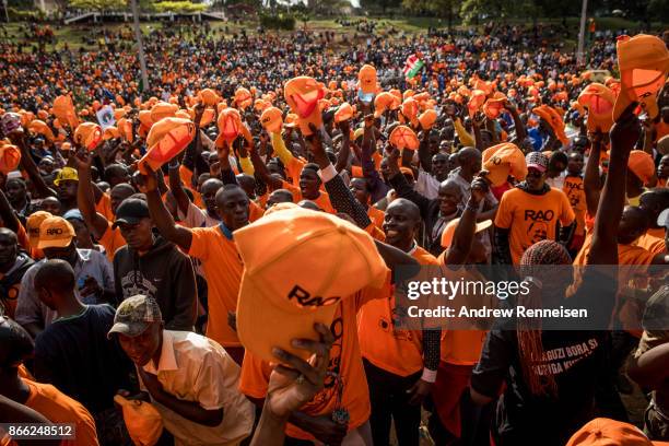 Opposition supporters rally for presidential candidate Raila Odinga in Uhuru Park on October 25, 2017 in Nairobi, Kenya. Tensions are high as Kenyans...