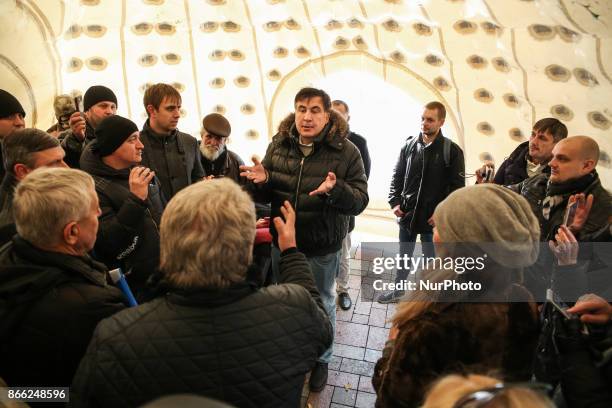 Mikheil Saakashvili talks to people inside a tent in camp in Kyiv, Ukraine, Oct.25, 2017. Dozens Ukrainians set up a tent camp in front of Parliament...