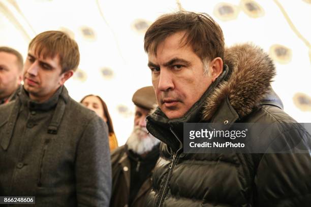 Mikheil Saakashvili talks to people inside a tent in camp in Kyiv, Ukraine, Oct.25, 2017. Dozens Ukrainians set up a tent camp in front of Parliament...
