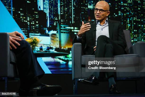 Satya Nadella, chief executive officer of Microsoft Corp., speaks during an interview on The David Rubenstein Show in New York, U.S., on Wednesday,...