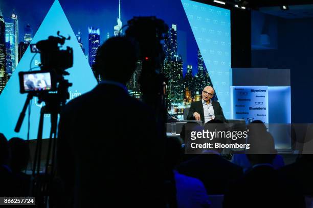 Satya Nadella, chief executive officer of Microsoft Corp., speaks during an interview on The David Rubenstein Show in New York, U.S., on Wednesday,...