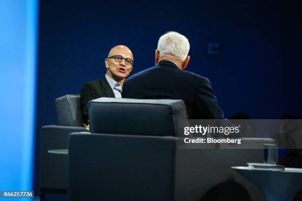 Satya Nadella, chief executive officer of Microsoft Corp., speaks during an interview on The David Rubenstein Show in New York, U.S., on Wednesday,...