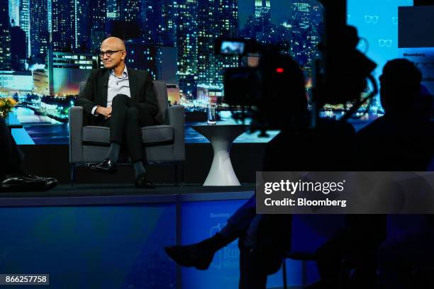 Satya Nadella, chief executive officer of Microsoft Corp., listens during an interview on The David Rubenstein Show in New York, U.S., on Wednesday,...