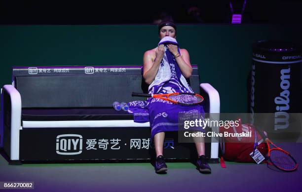 Elina Svitolina of Ukraine looks dejected in her singles match against Caroline Garcia of France during day 4 of the BNP Paribas WTA Finals Singapore...
