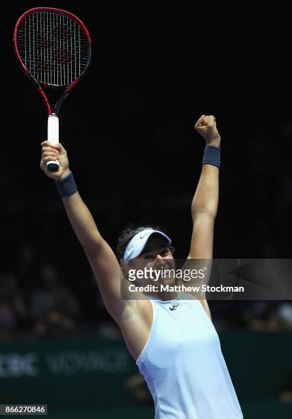 Caroline Garcia of France celebrates victory in her singles match against Elina Svitolina of Ukraine during day 4 of the BNP Paribas WTA Finals...
