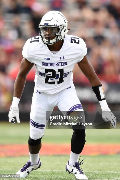 Kyle Queiro of the Northwestern Wildcats in position during a college football game against the Maryland Terrapins at Capitol One Field on October...