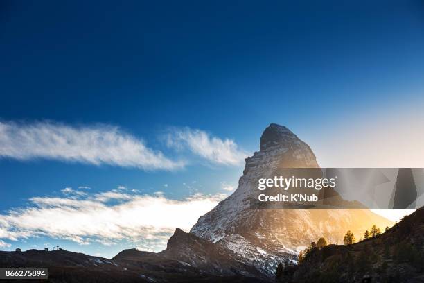 matterhorn mountain and cable ski in beautiful sunset time from zermatt, switzerland - climbs to all time high stock pictures, royalty-free photos & images