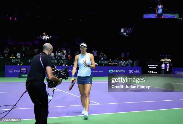 Caroline Garcia of France celebrates victory in her singles match against Elina Svitolina of Ukraine during day 4 of the BNP Paribas WTA Finals...