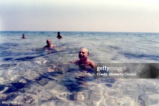 The politician Bettino Craxi with Silvio Berlusconi at the beach in Hammamet in August 1984.