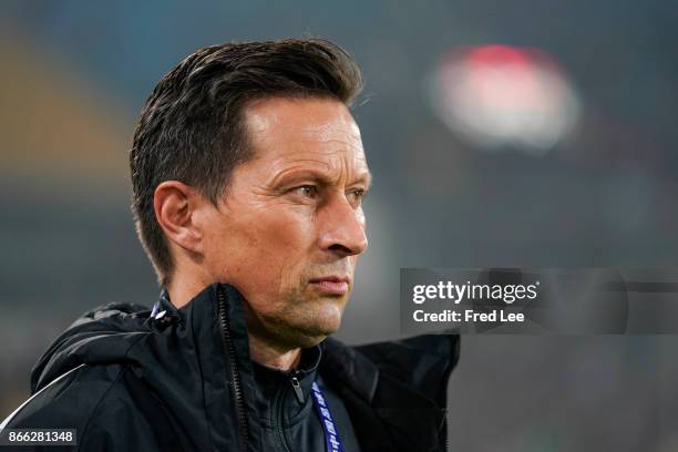 Head coach of Beijing Guoan Roger Schmidt reacts during the Chinese Super League match between Beijing Guoan FC and ChongQing Dangdai Lifan FC at...