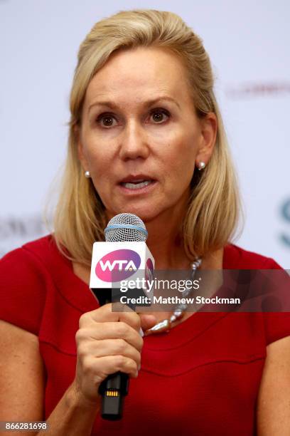 Micky Lawler, WTA President talks during a press conference on day 4 of the BNP Paribas WTA Finals Singapore presented by SC Global at Singapore...