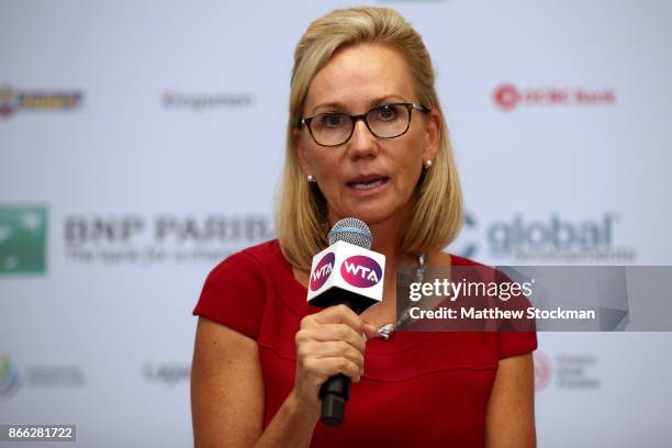 Micky Lawler, WTA President talks during a press conference on day 4 of the BNP Paribas WTA Finals Singapore presented by SC Global at Singapore...